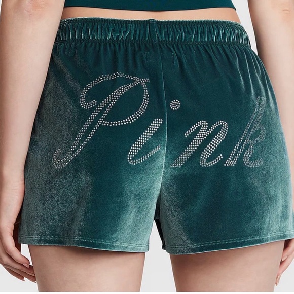 PINK Victoria's Secret Pants - Victoria's Secret PINK Rhinestone Green Velvet Velour Boxer Shorts Size S